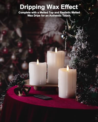 Image of White Flameless Candles with Remote and Timer, Real Wax Made Wax Drip LED Pillar Candles Battery Operated with 3D Flickering Flame Melted Top - 3 inch x 4 inch,5 inch,6 inch - Set of 3