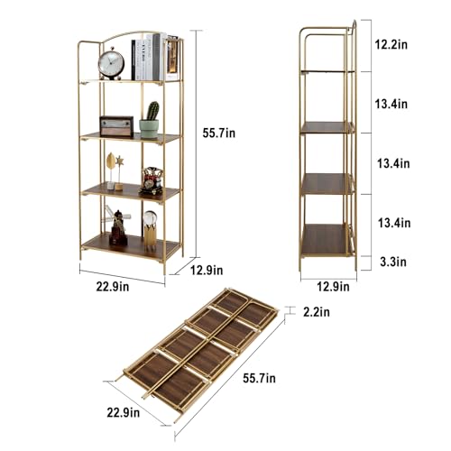 Crofy-4-Tier-Foldable-Bookshelf-Gold-Frame-Walnut-Shelves-No-Assembly-Collapsible-Portable-Storage-Organizer-Sturdy-Walnut-Finish-Shelves-Ideal-for-Living-Room-Home-Office