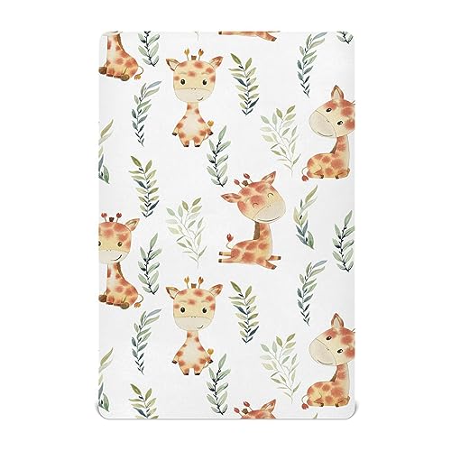 KICPOAY Fitted Crib Sheets Giraffe and Leaves Stretchy Portable Playard Sheets for Baby Toddler, Breathable Soft Mini Crib Mattress 39 x 27 in for Boys and Girls