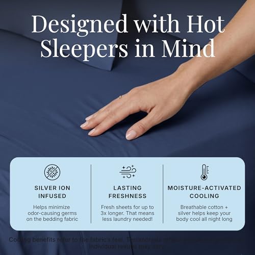 Image of Miracle Made Breathable Cotton Bed Sheets, 4-Piece Set - Silver-Treated, Soft and Cool-to-the-Touch Lightweight Bedding Designed for Hot Sleepers - Queen Size, Navy Blue