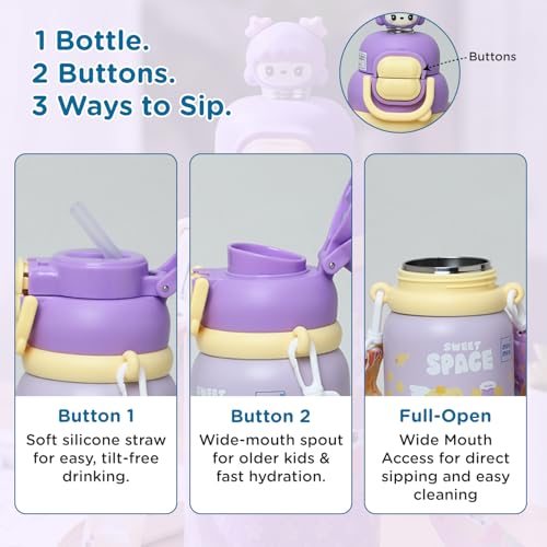 Image of Mee Mee Oasis Sip Kids Insulated Water Bottle 460ml | SUS316 Stainless Steel | 3-in-1 Straw, Spout & Sip Lid | Leakproof School Bottle for Kids | 12H Cold & 8H Hot | BPA-Free Sipper with Strap