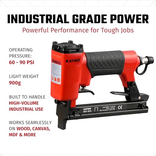 Image of Kaymo NEO-8016 Pneumatic Stapler | 80 Series Compatible | 60-90 PSI | 890g Lightweight | Full Metal Magazine | Rubber Ergonomic Grip | Fixed Top Air Exhaust | Robust Locking Catch | Furniture Use
