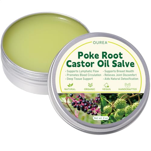 Poke Root Castor Oil Salve, Organic Lymphatic Support Massage Balm, Deep Tissue Ointment for Cyst, Boils, Breast, Fibroids, Swollen Lymph Nodes & Joint, Natural, Vegan - 2 Oz