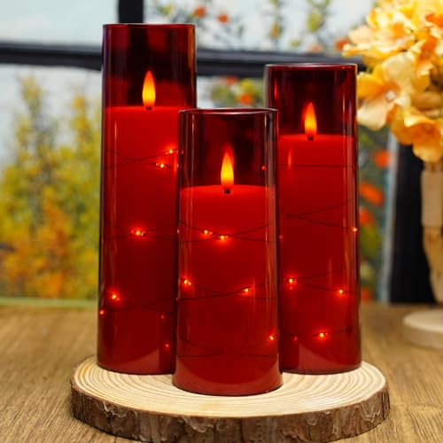 Image of Nimiko Flickering Flameless LED Candles,Battery Operated Candles 9 Pcs with Embedded Star String,Acrylic LED Pillar Candles with Remote,Suitable for Home Decoration to Create an Atmosphere(Red)