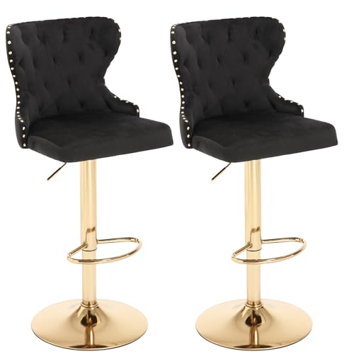 ANTOKA Set of 2 Adjustable Swivel Bar Stools Velvet Upholstered Counter Height Chairs with Nailhead Trim Gold Footrest and High Back for Kitchen Island Home Bar Dining Room Cafe Black
