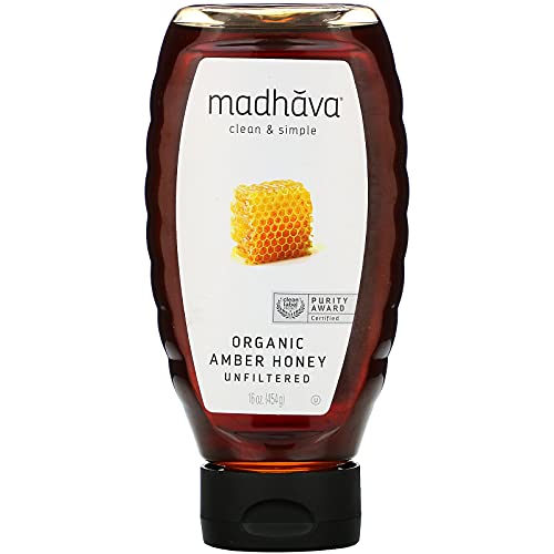 MADHAVA Organic Amber Honey, Unfiltered, 16 oz. Bottle (Pack of 1) | Natural Sweetener, Sugar Alternative | 100% Pure Organic Honey | Pure Honey | USDA Organic | Non GMO | Liquid Sweetener