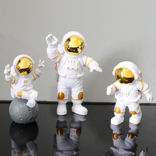 Set de 3 Figuras Astronautas Decorativas en Resina Dorada