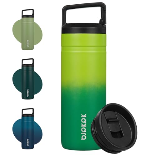 Image of BJPKPK 20 oz Insulated Travel Water Bottle, Coffee Tumbler Stainless Steel | Double Wall Vacuum, Leakproof, Thermal, Keeps Hot /Cold, Dishwasher Safe, Spill Proof, Wide Mouth, 2 Lids, Matcha Green
