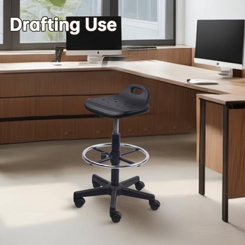 Image of KLASIKA Drafting Rolling Stool Adjustable Height with Foot Rest Breathable Seat Cushion Swivel Stools with Wheels, Multi-Purpose Work Stool for Shop, Task, Salon, Black, 4 Pack