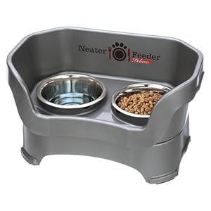 Neater Feeder Deluxe Mess Proof Dog Bowls Elevated Medium Sized Dog Breed–Made in USA–No Spill Raised Dog Food Bowl Stand–Stainless Steel Food and Water Bowl Set Pet Feeding Station Grey