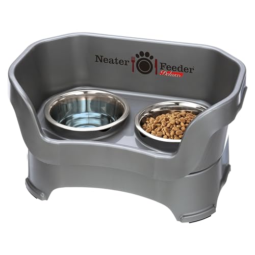 Neater Feeder Deluxe Mess Proof Dog Bowls Elevated Medium Sized Dog Breed–Made in USA–No Spill Raised Dog Food Bowl Stand–Stainless Steel Food and Water Bowl Set Pet Feeding Station Grey