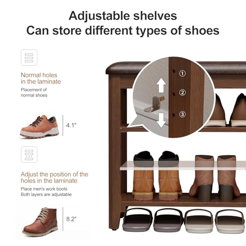 Shoe Bench with Leather Cushion - 3-Tier Solid Wood Shoe Storage Bench, Height-Adjustable Middle Shelf for Entryway, Hallway, Mudroom - Image 4