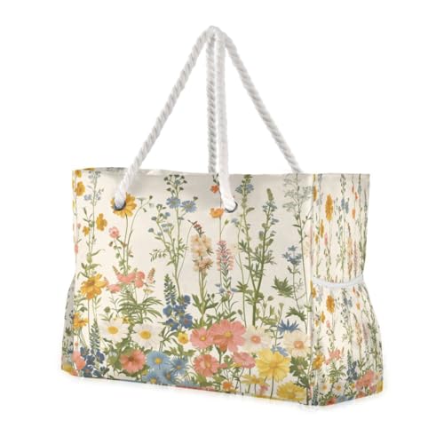 ATTX Vintage Wildflower Beach Bags for Women - Large Beach Bags with Zipper Waterproof Sandproof Swim Pool Bag Large Tote#192