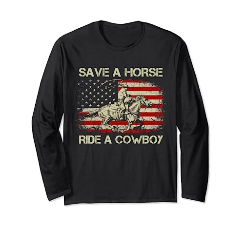 Vintage Western Rodeo USA Flagge Save A Horse Ride A Cowboy Langarmshirt