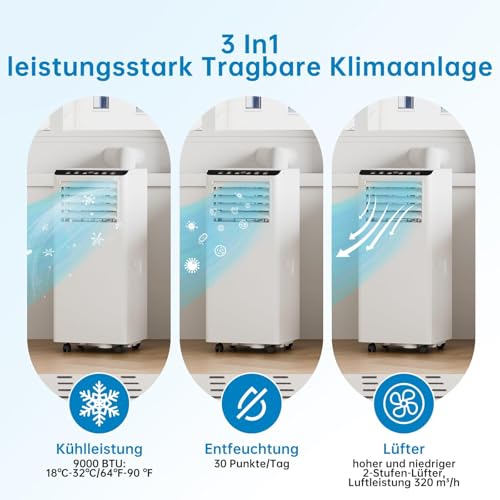 Aire Acondicionado PortáTil 9000BTU, Climatizador PortáTil Silencioso 40m² Ar Condicionado PortáTil Climatizador MóVil Seguimiento Inteligente Ventilador Deshumidificación Ventilación Temporizador 24H - imagen 4
