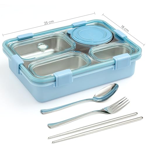 Image of Brand Conquer Lunch Box Leak-Proof BPA Free Stainless Steel for School, Lunch Box for School & Office with a Fork, a Spoon and a Pair of Chopsticks (Classic Blue, 4 Compartment)