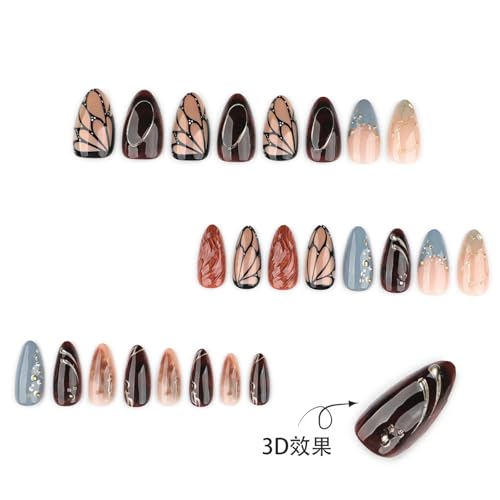 Image of 24 Pcs Fall Press on Nails Brown Fake Nails Gold Line with Design Glossy Full Cover Glue on Nail Brown Ombre Nail Press ons for Women Girls Manicure 24Pcs