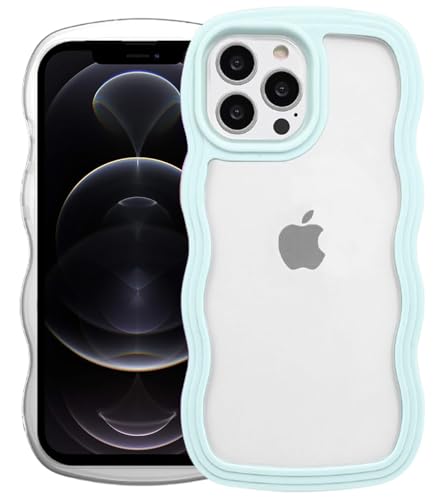Image of GoldKart iPhone 12 Pro Max Case Wavy Edge Clear Back Design, Anti-Slip Grip Cute Wave Curly Frame Shape Shockproof Soft TPU & Hard PC Bumper Protective Phone Case Cover for Women Girls - Light Blue