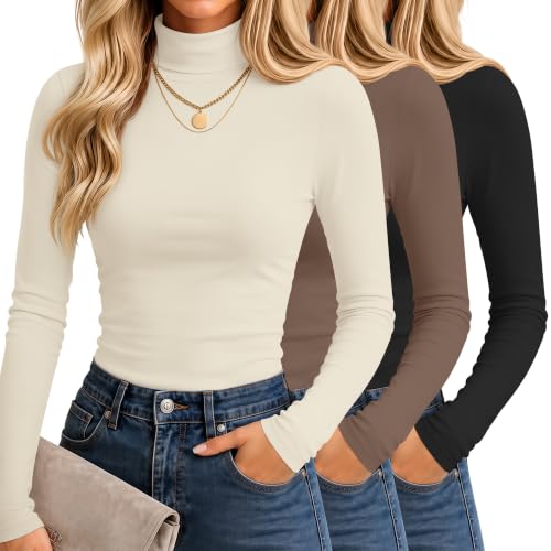 3 Pack Women Turtleneck Long Sleeve Tops Fitted Shirt