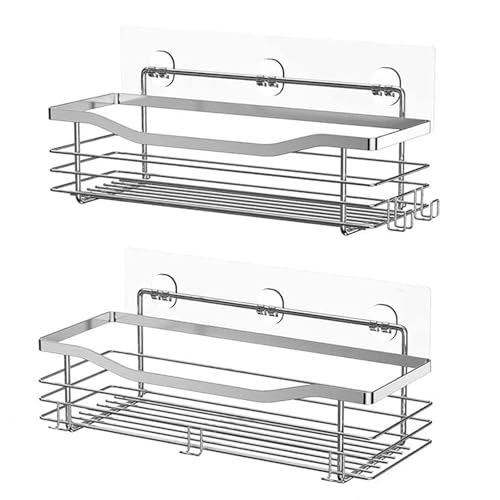 【フック5個&2段収納】浴室用ラック 壁掛け 強力粘着 取り付け簡単 ステンレス製 収納棚 (バスルーム 洗面所 キッチン トイレ 収納に) 防錆 防水 耐久設計