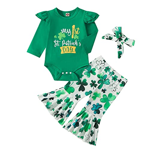 Image of AIKSIWAI Newborn Baby Girl St. Patrick/Easter Day Outfit Print Romper Tops Bell Bottom Pants Headband 3Pcs Clothes Set