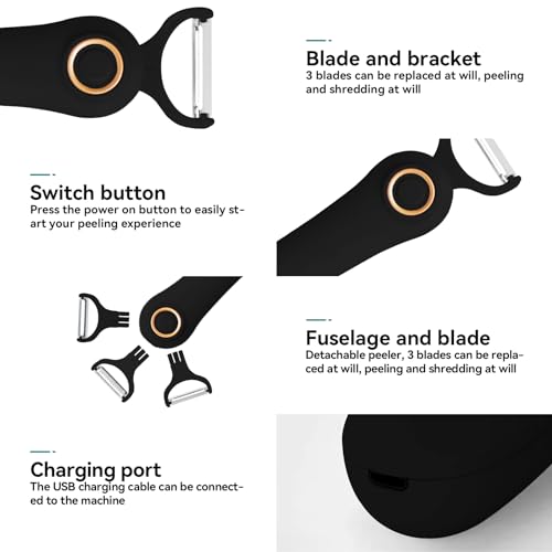 Image of 3-in-1 Electric Peeler | Auto Blade for Fruits /Vegetables | 3 Interchangeable Blades | Type-C Charging,Battery Capacity 1500 mAh | Kitchen, Travel, Camping Black