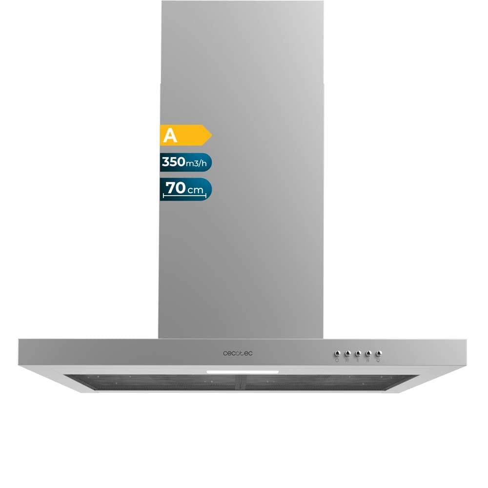 Cecotec Extractor Hood 70 cm Type T Bolero Flux TM 703500 Inox A. Suction Power 350m3/h, Motor 70W, Mechanical Control, 3 Power Levels, Light and Carbon Filter, Stainless Steel