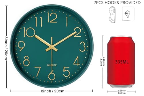 Image of Silent Wall Clocks Battery Operated 8 Inch, Analog Wall Clock with Large Number Tempered Glass Clock Face, Dark Green Quartz Non Ticking Wall Clocks for Living Room Bedroom Kitchen Office