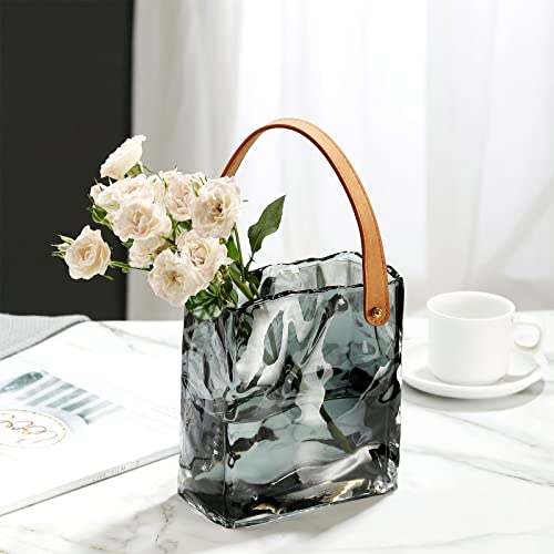 DCQRY Jarrón de cristal con asas, florero en forma de bolso para pecera, florero único de arte moderno para flores, hogar, boda, centro de mesa