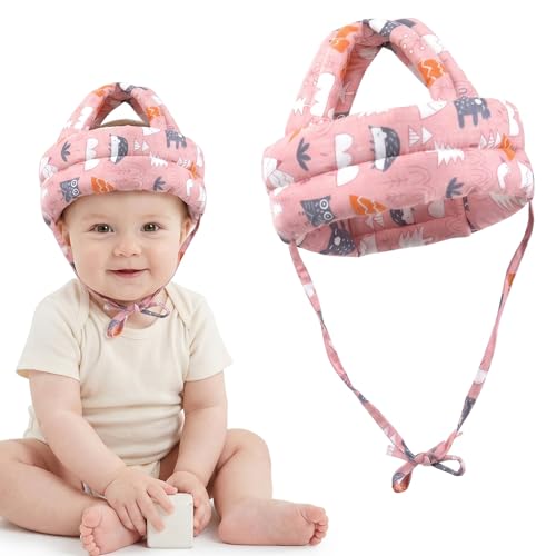Casco Protector Bebe para Golpes - Chichonera Bebe Ajustable y Transpirable, Protector Cabeza Bebe para Aprender a Caminar y Gatear, Gorro Antigolpes Infantil de Algodón, Rosa Bosque