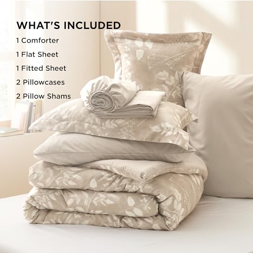Image of Bedsure Floral Beige Comforter Set, Full Bedding Sets, 7 Piece | Bed in a Bag, Comforters, Bedroom, Reversible, Fluffy, Whisper-Quiet, All-Season, Polyester, Easy Care, Botanical-Chic, OEKO