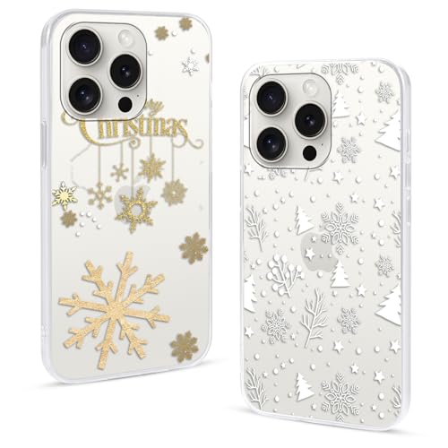 2 Pezzi Cover Natale per iPhone 15 PRO Custodia Trasparente Natalizie Fiocco di Neve Aesthetic Disegni Ultra Sottile Morbido Antiurto Christmas Case per Ragazze donna