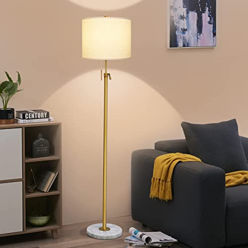 Modern Floor Lamp For Living Room, Adjustable Height Standing Lamp With Marble Base, 3-Way Dimmable Gold Tall Pole Light With White Linen Shade For Reading Bedroom, Pull Chain Switch, Bulb Included #TOP4