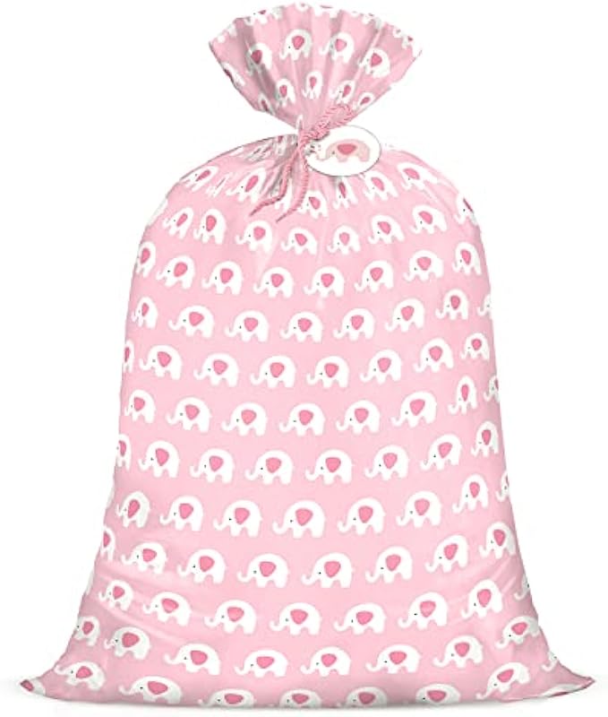 WRAPAHOLIC 56" Large Baby Girl Plastic Gift Bag - Pink Elephant Design for Baby Shower, Kids Birthdays, Parties, Celebrating, or Any Occasion - 56" H x 36" W