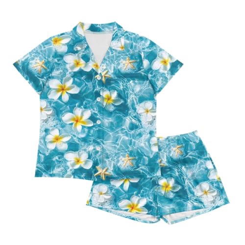 Image of Renewold Women's Short Sleeve Pajama Set Button Down Sleepwear with Notch Collar Soft Lounge Top and Shorts with Pockets