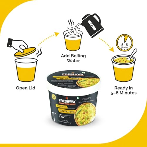 Image of Freshway Jain Veg Poha Quick & Easy Ready to Eat Healthy Snack | 100% Jain No Onion No Garlic No Preservatives | Nutritious & Delicious Breakfast or Anytime Meal | Made with Real Veggies | Lightweight Travel Friendly Ideal for Office Hostel & Travel | Pack of 6