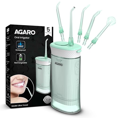 AGARO Ultra Travel Dental Flosser for teeth,Portable,Cordless,Rechargeable,4 Cleaning Modes, IPX7 Waterproof,180ml Water tank,Flossing at Home & Travel, Oral Flosser,Oral Irrigator, Sea Green