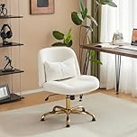 Bonnlo Wide Criss Cross Legged Office Chair Ergonomic Swivel Chair with Gold Base & Memory Foam Pillow, Adjustable Armless Vanity Chairs with Wheels, Dressing Chairs, Teddy Fleece Fabric, White