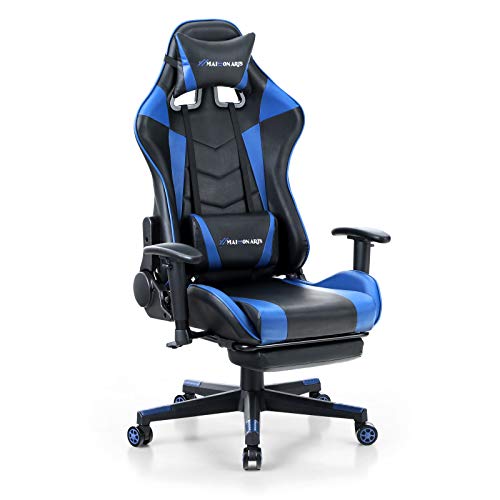 MAISON ARTS Gaming Chair, Video Gaming Chair Executive Reclining Computer Chair with Massage Lumbar Support and Retractible Footrest, Ergonomic Rolling Swivel Office Chair Task Chair (Black & Blue)