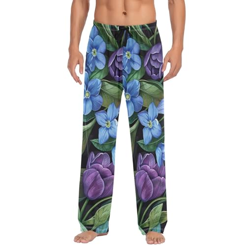 Men's Pajama Pants Blue Flowers Sleep Pajama Lounge Pant with Pockets, Elastic Waistband