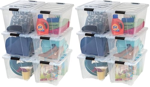 Image of IRIS USA 54 Qt Stackable Plastic Storage Bins with Lids, 12 Pack - BPA-Free, Made in USA - See-Through Organizing Solution, Latches, Durable Nestable Containers, Secure Pull Handle - Clear