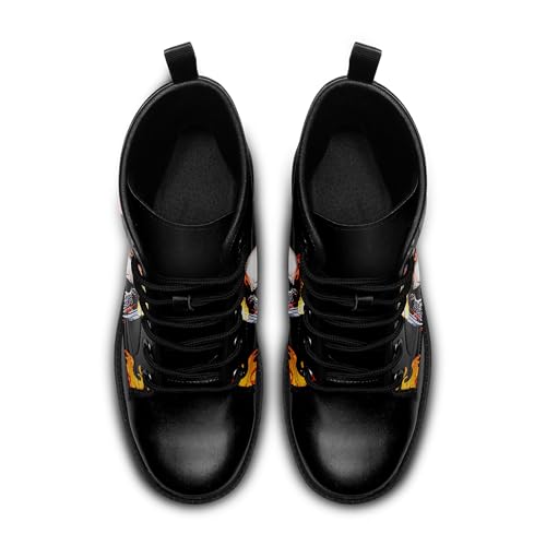 Image of Custom Black Combat Boots for Women Fashion Lace-Up Skull Rose Ankle Booties Chunky Heel Platform Leather Boots