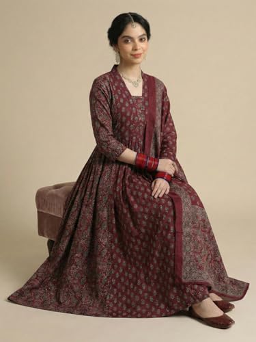 Image of ANNI Designer Women's Viscose Printed A-Line Kurta Set with Pant and Dupatta | Ethnic Wear Dress | V-Neck | 3 /4 Sleeve Indian Traditional Outfit for Women