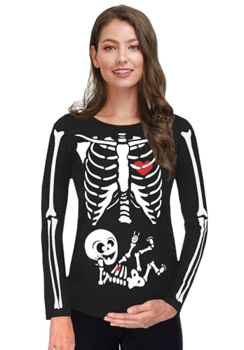 Image of For G and PL Halloween Women Pregnant Maternity Pregnancy Costume Couple Long Sleeve Shirt Skull Skeleton Baby XXL