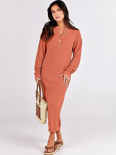 Image of ANRABESS Women Long Sleeve Button V Neck Oversized Casual Loose Fit Waffle Knit Fall Midi Sweater Dress 2026 Trendy Outfits