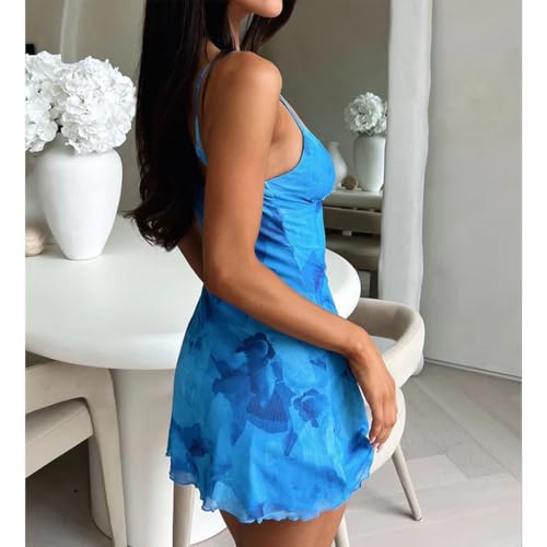 Image of LOFAAC Women Spaghetti Strap Floral Pattern Mesh Bodycon Mini Dress Slim Fit Sleeveless Backless Sheer Party Short Dress