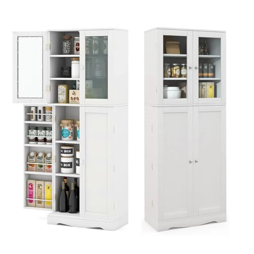 KOMFOTTEU Alacena de Cocina, Aparador de Comedor con Dispositivo Antivuelco, Armario Vitrina de Almacenamiento con 2 Puertas de Vidrio, 60 x 31,5 x 161,5 cm (Blanco)