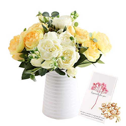 OuLi Store® 4 Paquete Artificial Peonía Seda Flores Bouquet para Boda Inicio Jardín Fiesta Decoración, 5 Tenedores, 9 Cabezas (4 Paquete-2 Blancos + 2 Amarillos) Cover