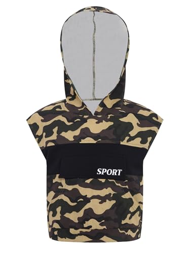 Kids Boys Camouflage Sports Hoodie Sleeveless Front Pockets Jacket for Athletic Hiking Camping