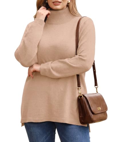 Image of CARCOS Plus Size Sweaters for Women Solid Turtleneck Sweater Long Sleeve Pullover Tops Casual Split Hem Knit Shirts